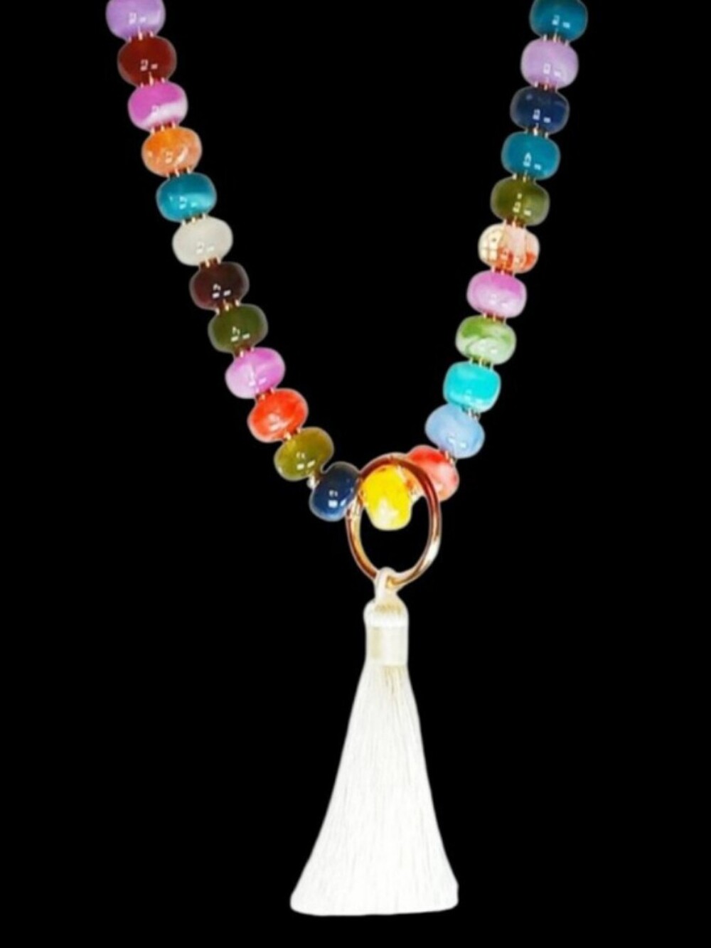 Chunky Multicolored Beaded Necklace Ivory Tassel Pendant Boho Chic Contemporary